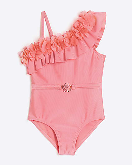 Mini girls pink flower asymmetric swimsuit