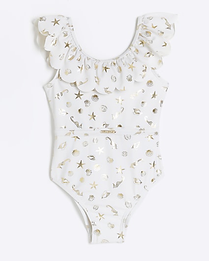 Mini girls cream shell frill swimsuit