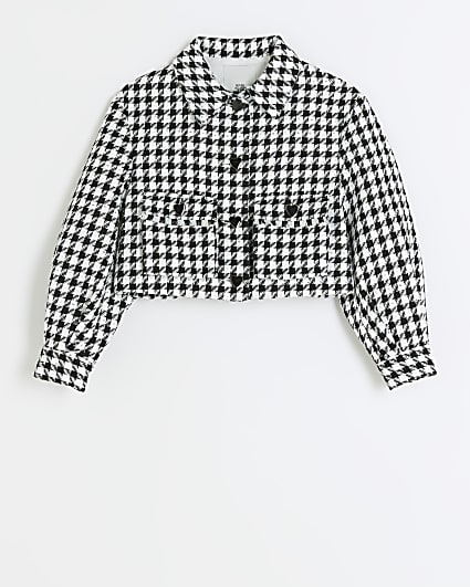 Girls white boucle check crop blazer