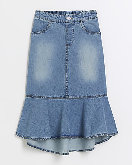 Girls blue peplum denim midi skirt