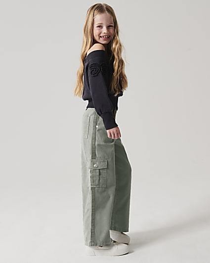 Girls khaki asymmetric cargo trousers