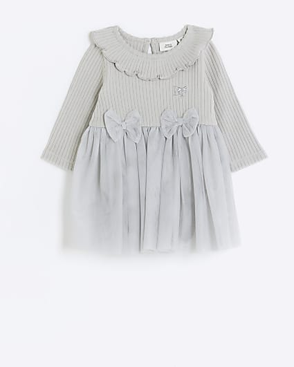 Baby girls grey mesh bow detail dress