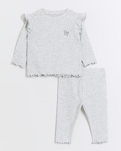 Baby girls grey frill rib long sleeve set