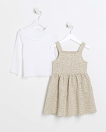 Mini girls beige animal print pinafore dress