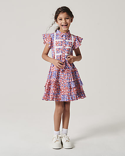 Girls red floral belted shirt dress