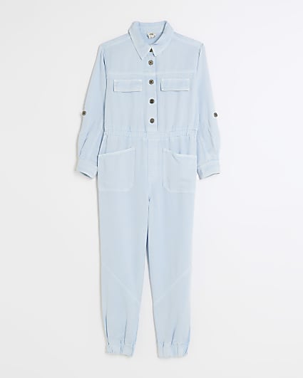 Girls blue denim look cargo jumpsuit