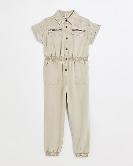 Girls beige embroidered jumpsuit