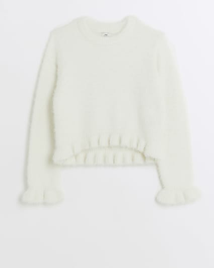 Girls white fluffy frill jumper