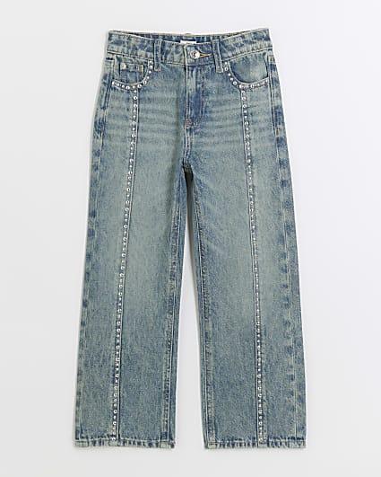 Girls blue studded straight jeans