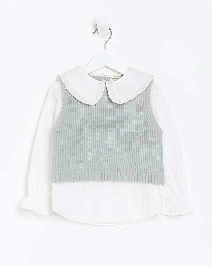 Mini girls green knitted hybrid jumper