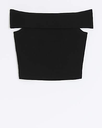 Girls black ribbed bardot top