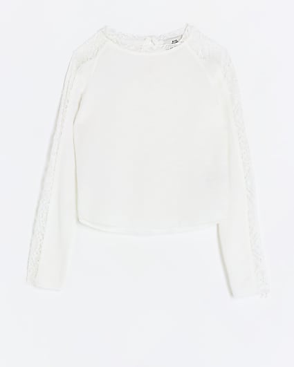 Girls cream lace detail long sleeve top