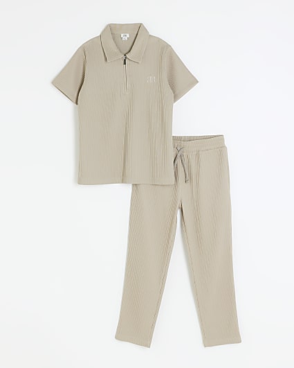 Boys grey plisse polo and joggers set