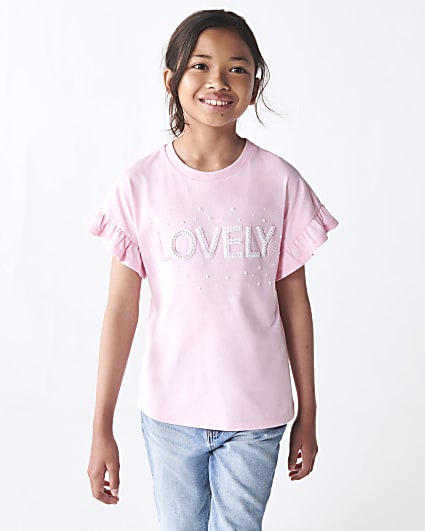 Girls pink graphic frill sleeve t-shirt