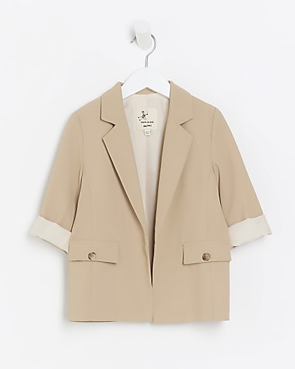 Mini girls beige rolled sleeve blazer