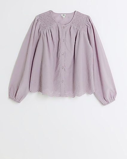 Girls purple embroidered button up blouse