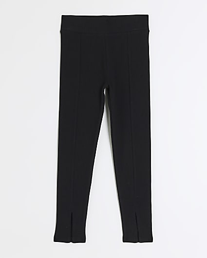Girls black rib split hem leggings