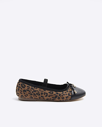 Girls brown leopard bow ballet pumps