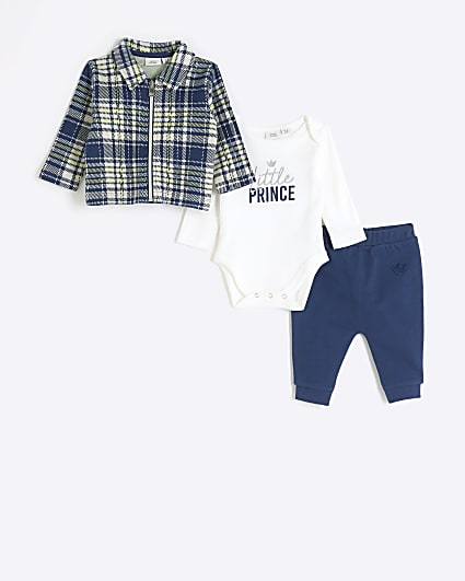 Baby boys navy check shacket 3 piece set