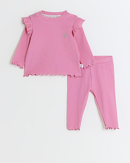 Baby girls pink rib frill top set