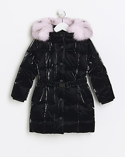 Mini girls black shine belted puffer jacket