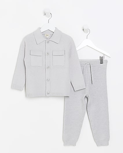 Mini boys grey knit shirt and joggers set