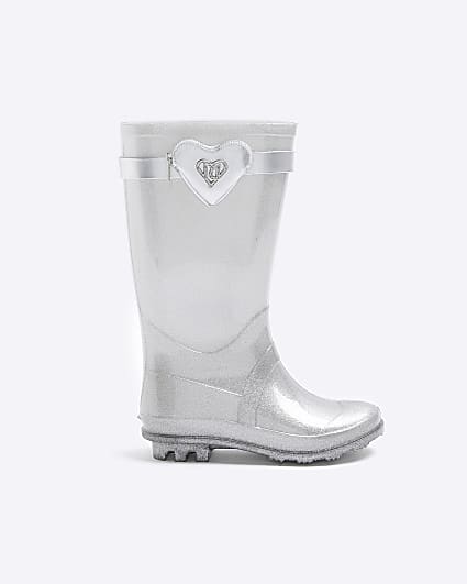 Girls silver heart pocket wellie boots