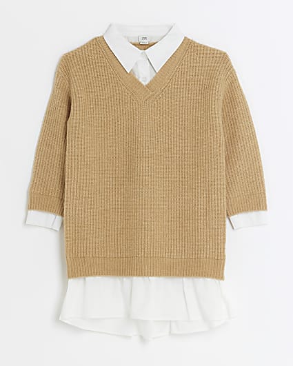 Girls brown knitted hybrid shirt jumper dress