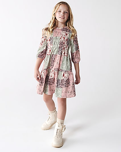 Girls pink floral patchwork dress