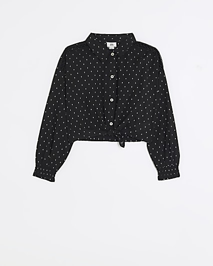 Girls black monogram tie hem blouse