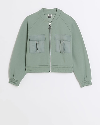 Girls khaki zip up cargo bomber jacket