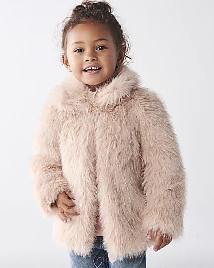 Mini girls pink tinsel faux fur coat