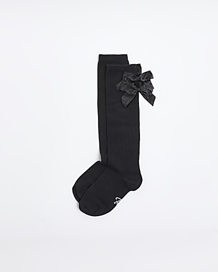 Girls black bow knee high socks