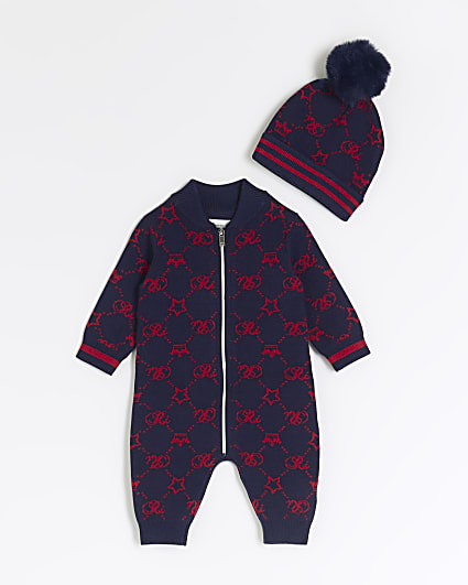 Baby boys navy monogram all in one set