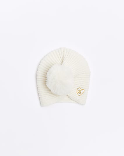 Baby girls Beige knitted pom pom turban hat