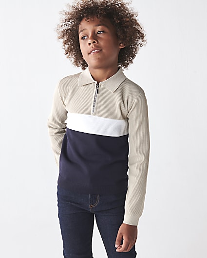 Boys navy knitted colour block polo top