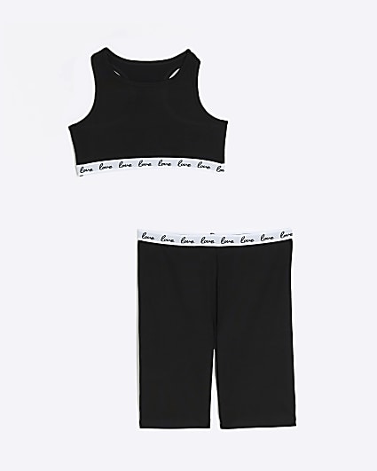 Girls black crop top and cycling shorts set