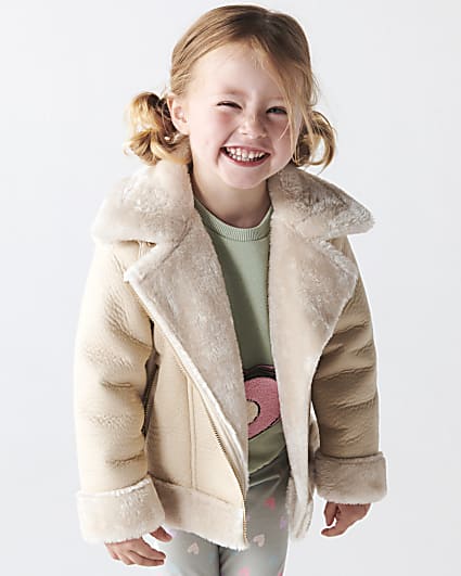 Mini girls cream faux fur aviator jacket