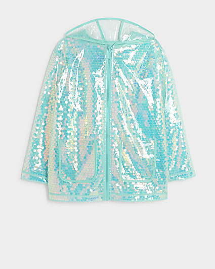 Girls blue sequin hooded rain coat