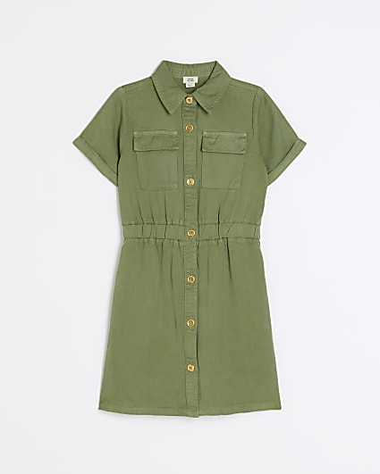 Girls khaki utility shirt dress