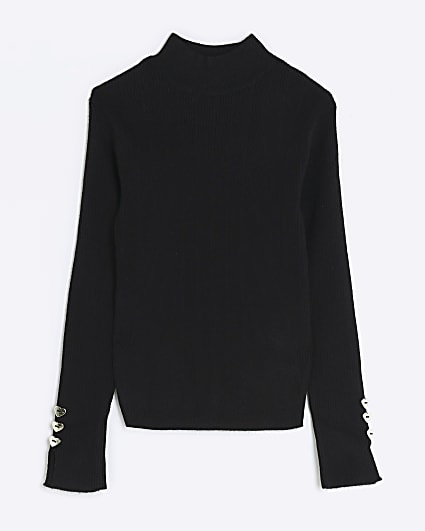 Girls black rib high neck jumper