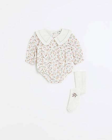 Baby girls Ecru Floral Romper and socks set