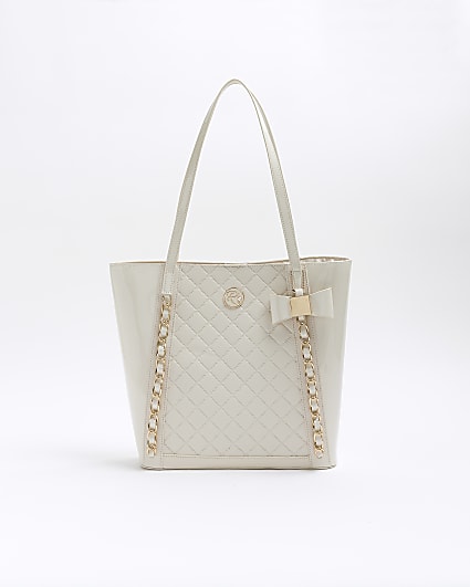 Girls cream quilted chain detail shopper bag