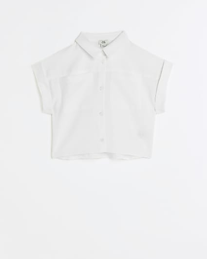 Girls white cropped button up shirt