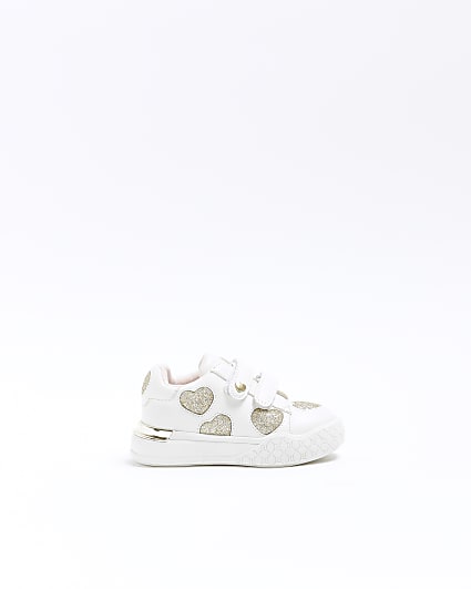 Mini girls White Glitter Heart trainers