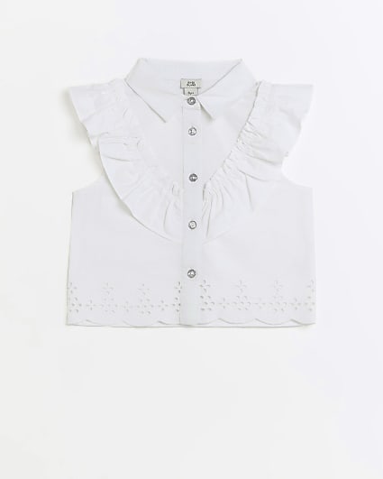 Girls white poplin frill detail blouse