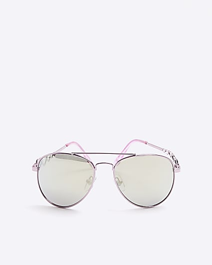 Girls Pink Mirrored Heart Aviator Sunglasses