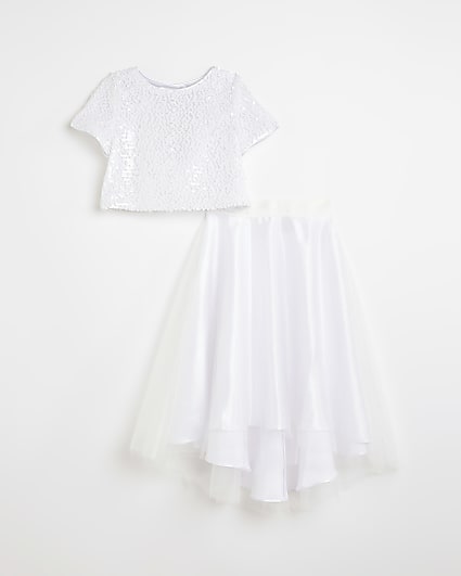 Girls white sequin embellished skirt set