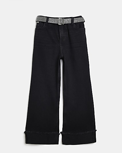 Girls Black Stud Belt Paperbag wIDE Leg jEANS