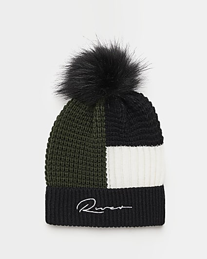 Boys black colour block beanie hat